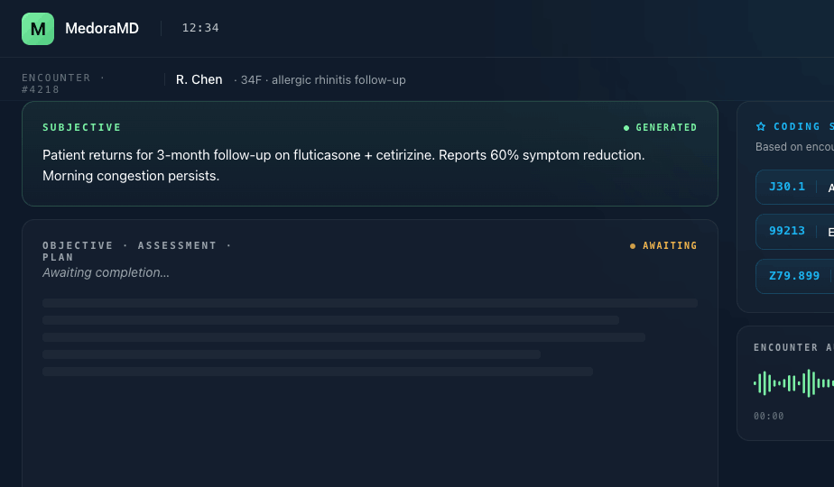 MedoraMD — AI copilot for allergy clinics showing real-time SOAP note generation with ICD-10 coding suggestions